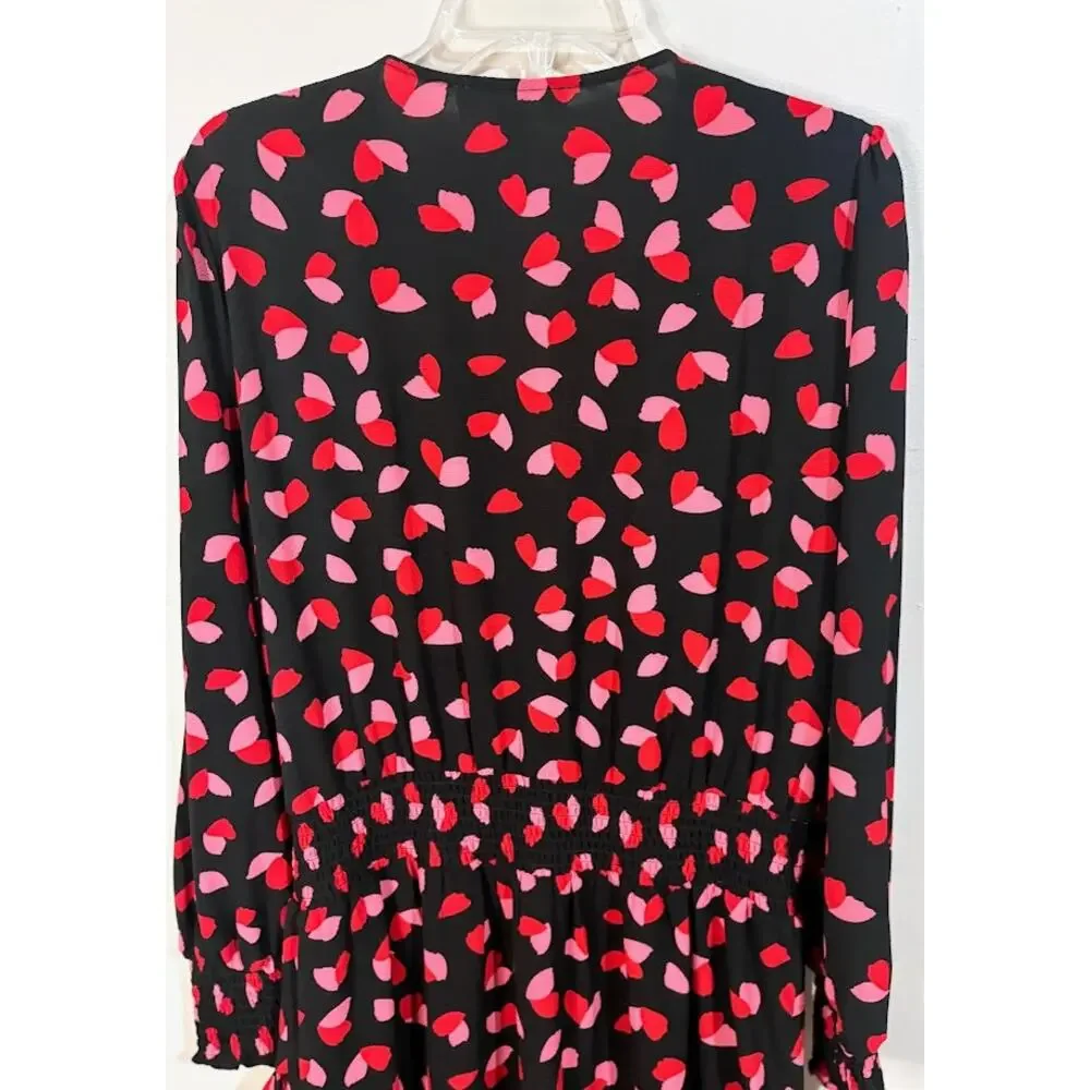 Michael Kors Red‎ Pink Black Long Sleeve Petal Crepe Wrap Ruffle Dress Size XL